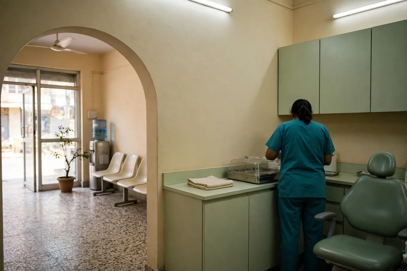 Inside Dentistree — the arched doorway between the waiting area and the treatment room