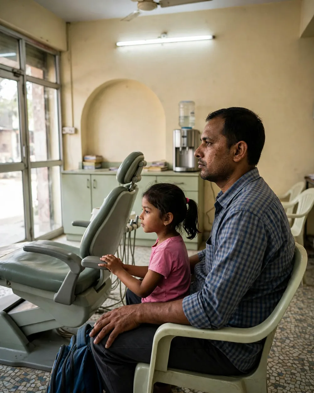 A father sitting beside his young daughter next to the dental chair