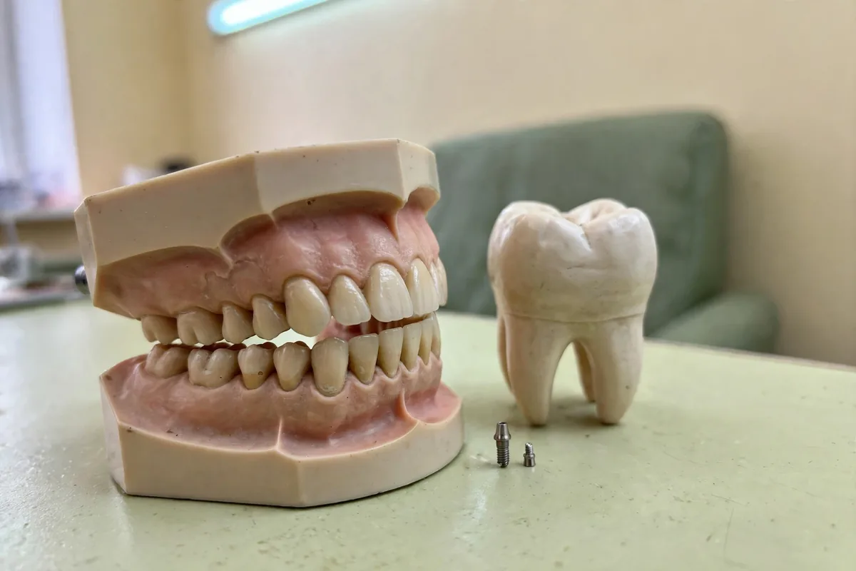 Dental models and a miniature implant fixture used to explain implant treatment