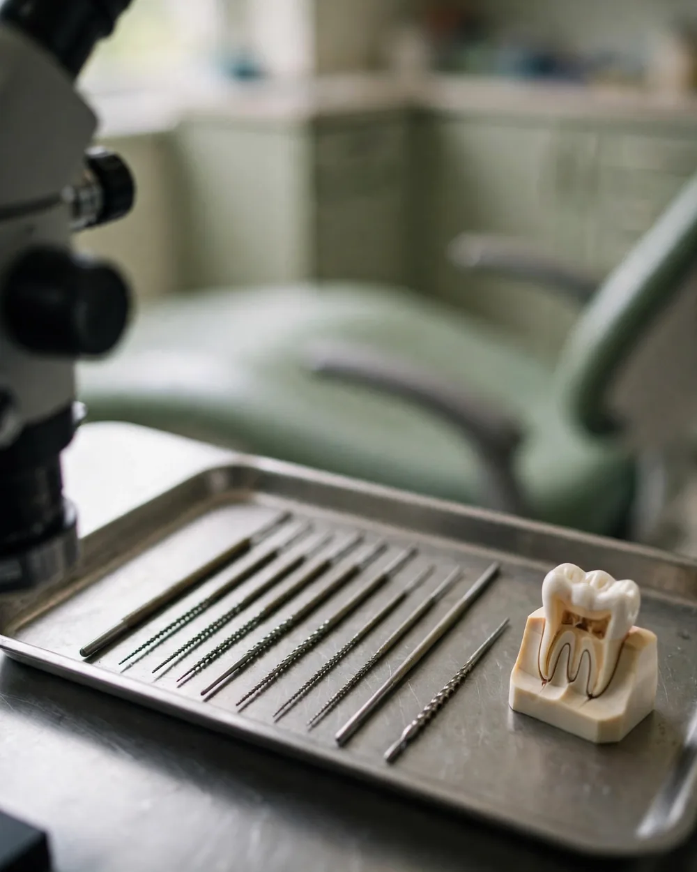 Root canal instruments and a sectioned tooth model on a sterile tray