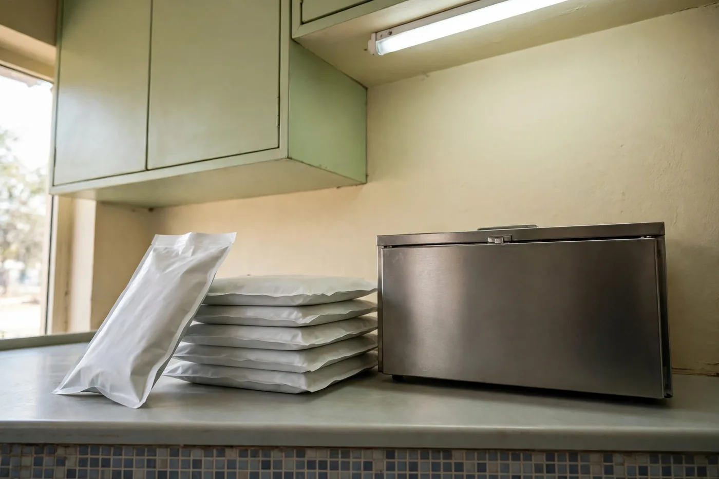 Sterile pouches stacked beside the closed steel steriliser under the cabinet light