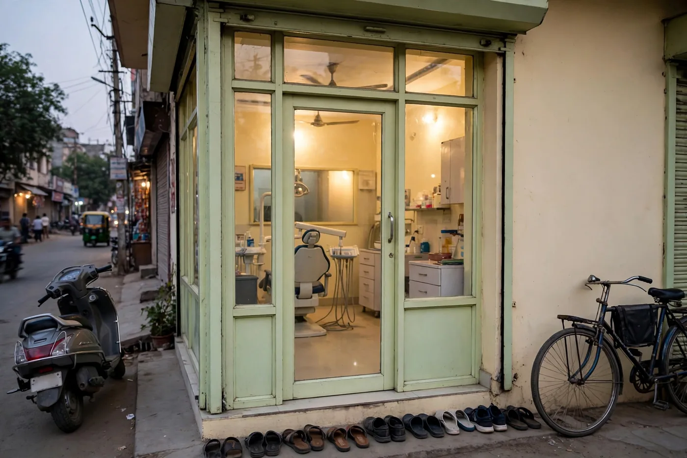 The glass-fronted clinic glowing in the early evening, shoes lined up at the step