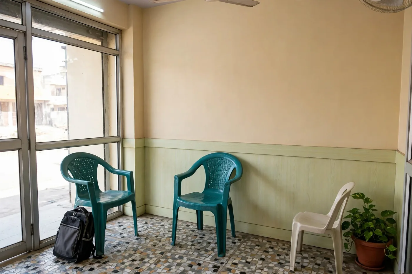 Waiting chairs by the glass entrance, a school bag resting beside one