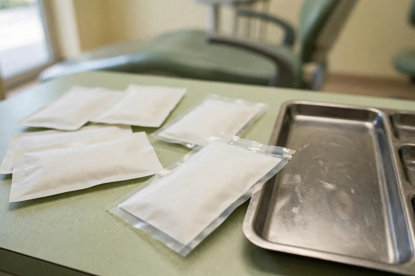 Sealed sterile pouches laid out beside a steel tray before an appointment