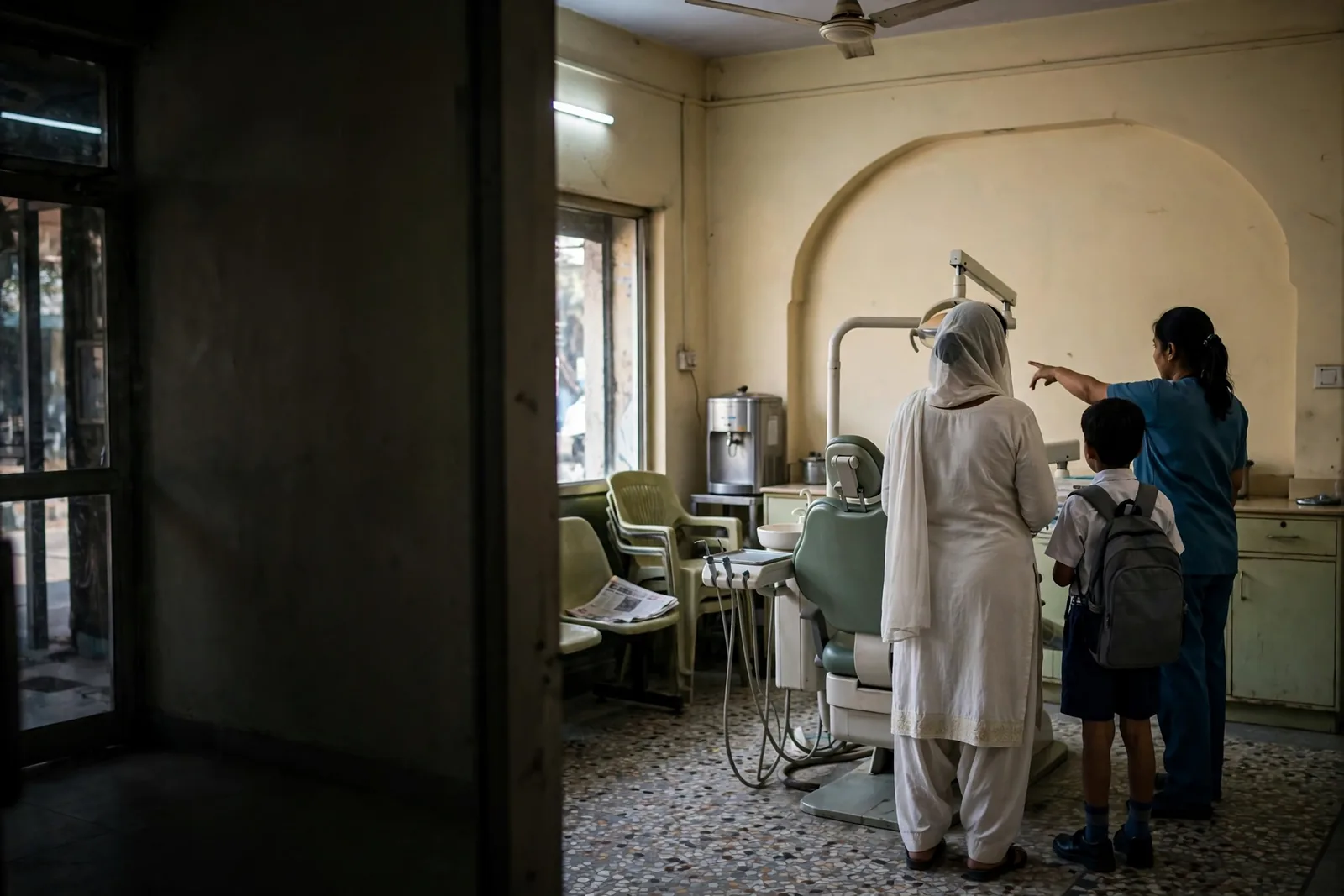 A mother and her son being welcomed at Dentistree Dental Clinic in Sudama Nagar, Indore