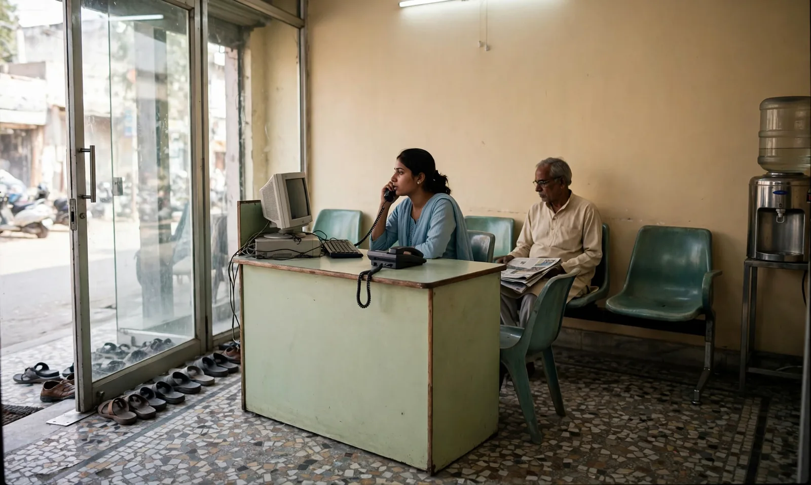 The reception at Dentistree — the front desk, waiting chairs and the glass entrance on a weekday morning